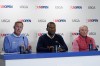 United States Golf Association CEO, Mike Whan, from left, Fred Perpall and Chief Championships Officer John Bodenhamer speak during a news conference at the U.S. Open golf tournament Wednesday, June 12, 2024, in Pinehurst, N.C. (AP Photo/Matt York)