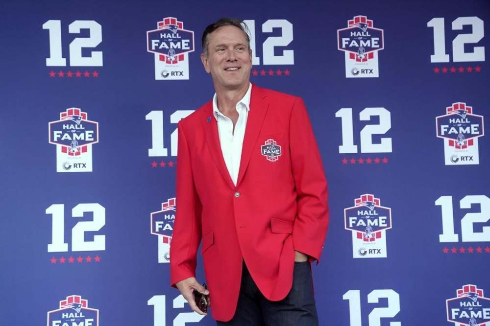 Former New England Patriots quarterback Drew Bledsoe arrives for the Patriots Hall of Fame induction ceremony for former Patriots quarterback Tom Brady, at Gillette Stadium, Wednesday, June 12, 2024, in Foxborough, Mass. (AP Photo/Steven Senne)