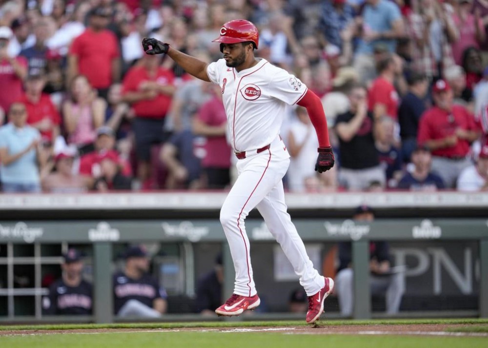 Cincinnati Reds' Jeimer Candelario runs the bases after hitting a solo home run against the Cleveland Guardians during the first inning of a baseball game in Cincinnati, Wednesday, June 12, 2024. (AP Photo/Jeff Dean)