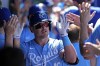 Kansas City Royals' Hunter Renfroe celebrates in the dugout after hitting a two-run home run during the 10th inning of a baseball game against the Seattle Mariners Sunday, June 9, 2024, in Kansas City, Mo. The Mariners won 6-5 in the 10th inning. (AP Photo/Charlie Riedel)