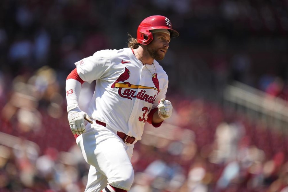 St. Louis Cardinals' Brendan Donovan watches his solo home run during the sixth inning of a baseball game against the Pittsburgh Pirates Thursday, June 13, 2024, in St. Louis. (AP Photo/Jeff Roberson)