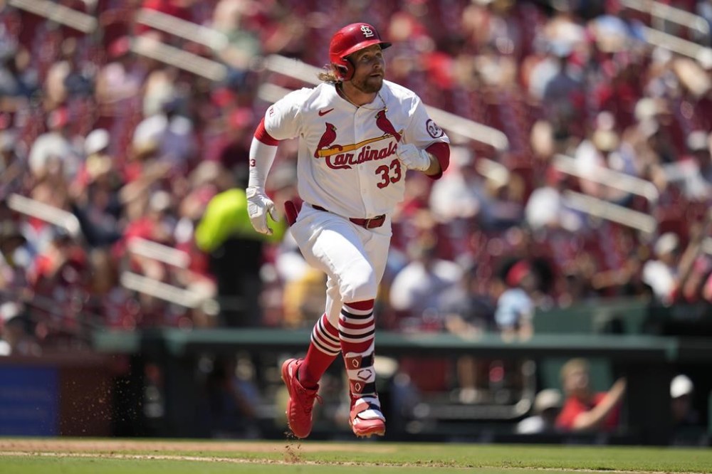 St. Louis Cardinals' Brendan Donovan watches his solo home run during the sixth inning of a baseball game against the Pittsburgh Pirates Thursday, June 13, 2024, in St. Louis. (AP Photo/Jeff Roberson)