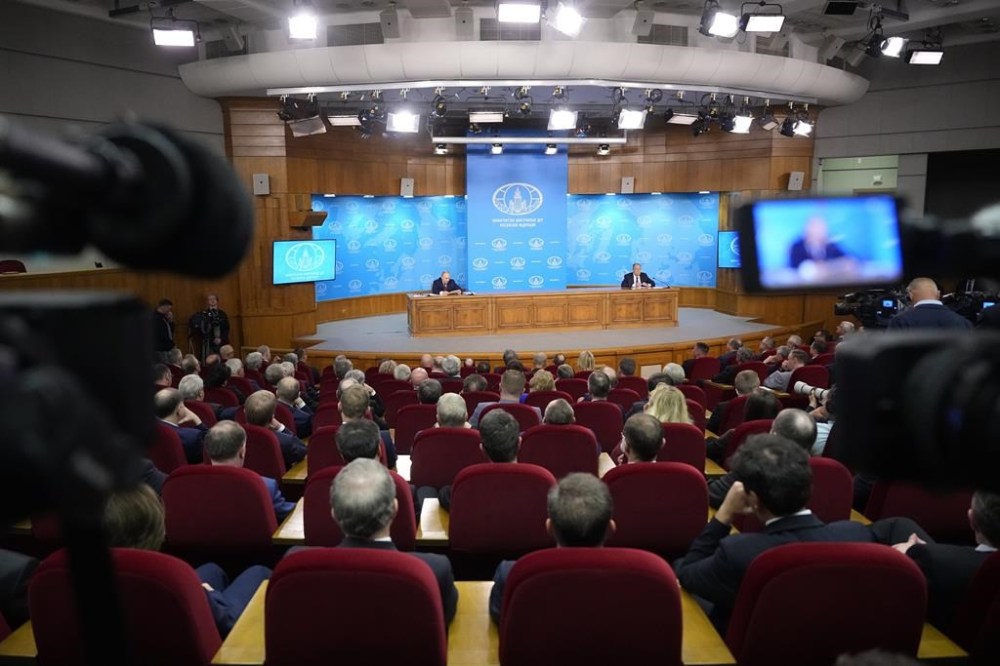 Russian President Vladimir Putin, left, and Russian Foreign Minister Sergey Lavrov attend a meeting at the Russian Foreign Ministry in Moscow, Russia, Friday, June 14, 2024. (AP Photo/Alexander Zemlianichenko)