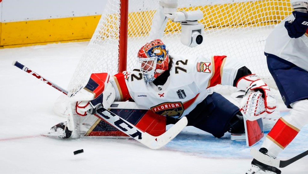 Florida Panthers goalie Sergei Bobrovsky (72) makes a save against the Edmonton Oilers during the second period of Game 3 of the NHL hockey Stanley Cup final in Edmonton, Thursday, June 13, 2024.THE CANADIAN PRESS/Jeff McIntosh