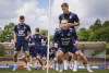 Denmark's players Christian Eriksen, Jannik Vestergaard and Joakim Maehle attend the national soccer team's training in Freudenstadt, Germany, Wednesday June 12, 2024, ahead of the 2024 European soccer Championship in Germany. (Liselotte Sabroe/Ritzau Scanpix via AP)