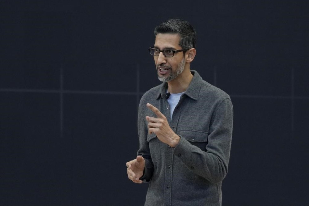 FILE - Alphabet CEO Sundar Pichai speaks at a Google I/O event in Mountain View, Calif., Tuesday, May 14, 2024. Google CEO Sundar Pinchai testified briefly Friday at the federal financial conspiracy trial surrounding buzz-to-bust startup Ozy Media, countering founder Carlos Watson’s alleged claims that the search giant once sought to buy Ozy. (AP Photo/Jeff Chiu, File)
