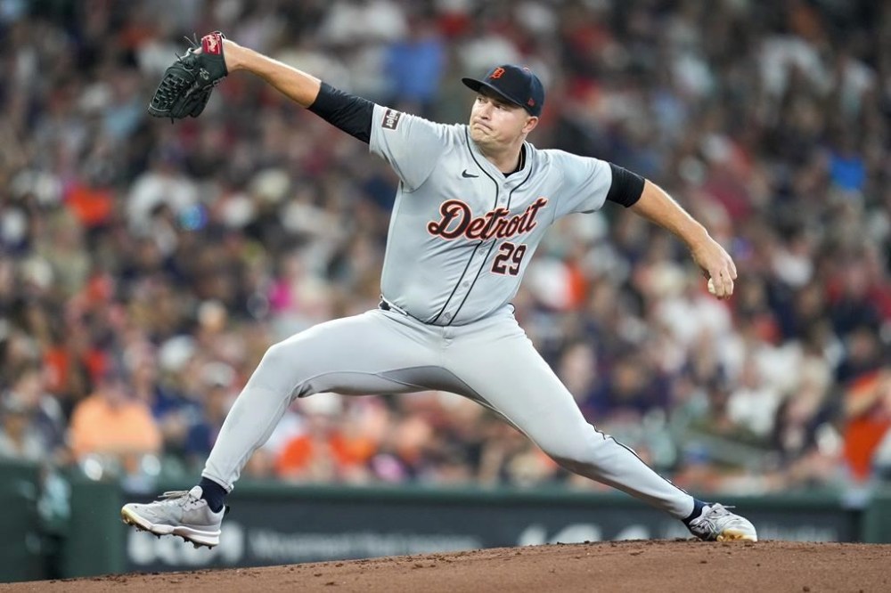 Detroit Tigers starting pitcher Tarik Skubal delivers against the Houston Astros during the first inning of a baseball game Friday, June 14, 2024, in Houston. (AP Photo/Eric Christian Smith)