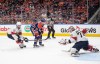 Florida Panthers' goalie Sergei Bobrovsky (72) makes the save on Edmonton Oilers' Zach Hyman (18) as Dmitry Kulikov (7) defends during second period Game 3 action of the NHL Stanley Cup final in Edmonton on Thursday, June 13, 2024.THE CANADIAN PRESS/Jason Franson