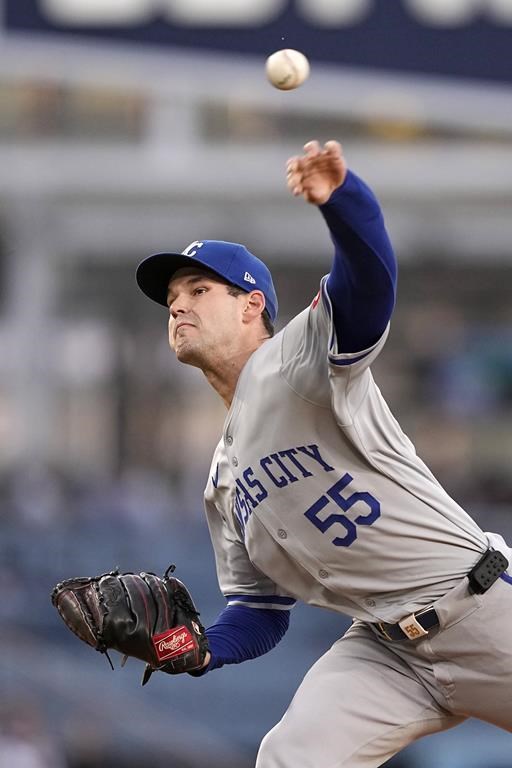 Kansas City Royals starting pitcher Cole Ragans throws to the plate during the second inning of a baseball game against the Los Angeles Dodgers Friday, June 14, 2024, in Los Angeles. (AP Photo/Mark J. Terrill)