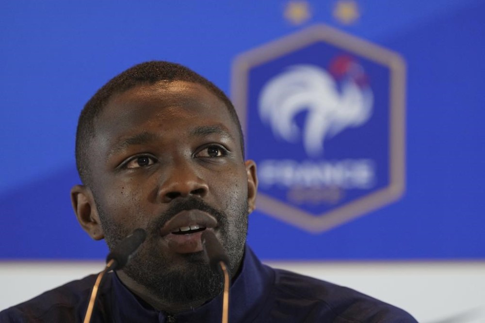 France's Marcus Thuram speaks during a press conference in Paderborn, Germany, Saturday, June 15, 2024. France will play against Austria during their Group D soccer match at the Euro 2024 soccer tournament on June 17. (AP Photo/Hassan Ammar)