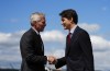 Prime Minister Justin Trudeau is greeted by Canadian ambassador to Switzerland Patrick Wittmann as he arrives in Zurich, Switzerland on Saturday, June 15, 2024. Trudeau will be attending the Ukraine peace summit. THE CANADIAN PRESS/Sean Kilpatrick