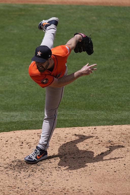 Houston Astros starting pitcher Justin Verlander throws to the plate during the third inning of a baseball game against the Los Angeles Angels Sunday, June 9, 2024, in Anaheim, Calif. (AP Photo/Mark J. Terrill)