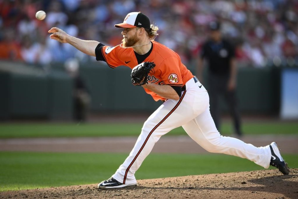 Baltimore Orioles relief pitcher Craig Kimbrel throws during the ninth inning of a baseball game against the Philadelphia Phillies, Saturday, June 15, 2024, in Baltimore. (AP Photo/Nick Wass)