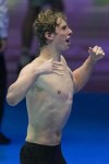 Aaron Shackell reacts after winning the Men's 400 freestyle finals heat Saturday, June 15, 2024, at the US Swimming Olympic Trials in Indianapolis. (AP Photo/Darron Cummings)