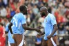 Belgium's Romelu Lukaku, right, celebrates with Belgium's Amadou Onana after scoring his side's second goal during the international friendly soccer match between Belgium and Luxembourg at the King Baudouin Stadium in Brussels, Belgium, Saturday, June 8, 2024. (AP Photo/Geert Vanden Wijngaert)