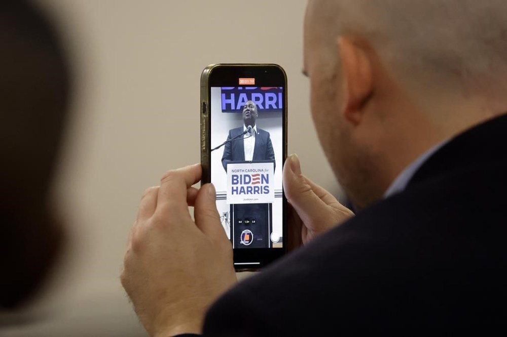 Jaime Harrison, chair of the Democratic National Committee, speaks at a meeting of the Democratic Committee of North Carolina at the Word of Tabernacle Church in Rocky Mount, N.C., Thursday, May 23, 2024. (AP Photo/Karl B. DeBlaker)