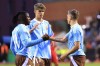 Belgium's Leonardo Trossard, right, celebrates with teammates after scoring his side's third goal during the international friendly soccer match between Belgium and Luxembourg at the King Baudouin Stadium in Brussels, Belgium, Saturday, June 8, 2024. (AP Photo/Geert Vanden Wijngaert)