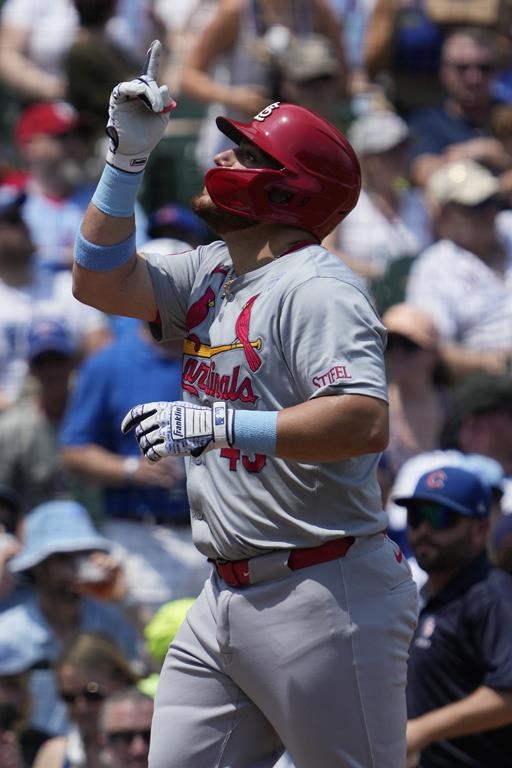 St. Louis Cardinals starting catcher Pedro Pagés celebrates after hitting a two-run home run during the second inning of a baseball game against the Chicago Cubs in Chicago, Sunday, June 16, 2024. (AP Photo/Nam Y. Huh)