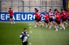 Players warm up during a training session of Georgia's national soccer team in Velbert, Germany, Thursday, June 13, 2024. (Fabian Strauch/dpa via AP)