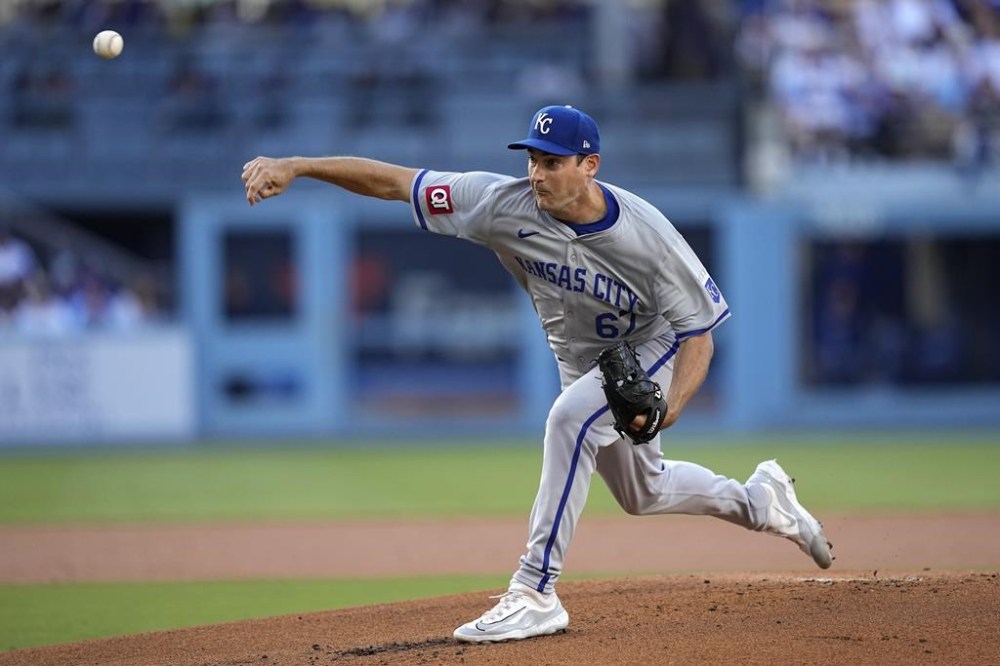 Kansas City Royals starting pitcher Seth Lugo throws to the plate during the first inning of a baseball game against the Los Angeles Dodgers Saturday, June 15, 2024, in Los Angeles. (AP Photo/Mark J. Terrill)
