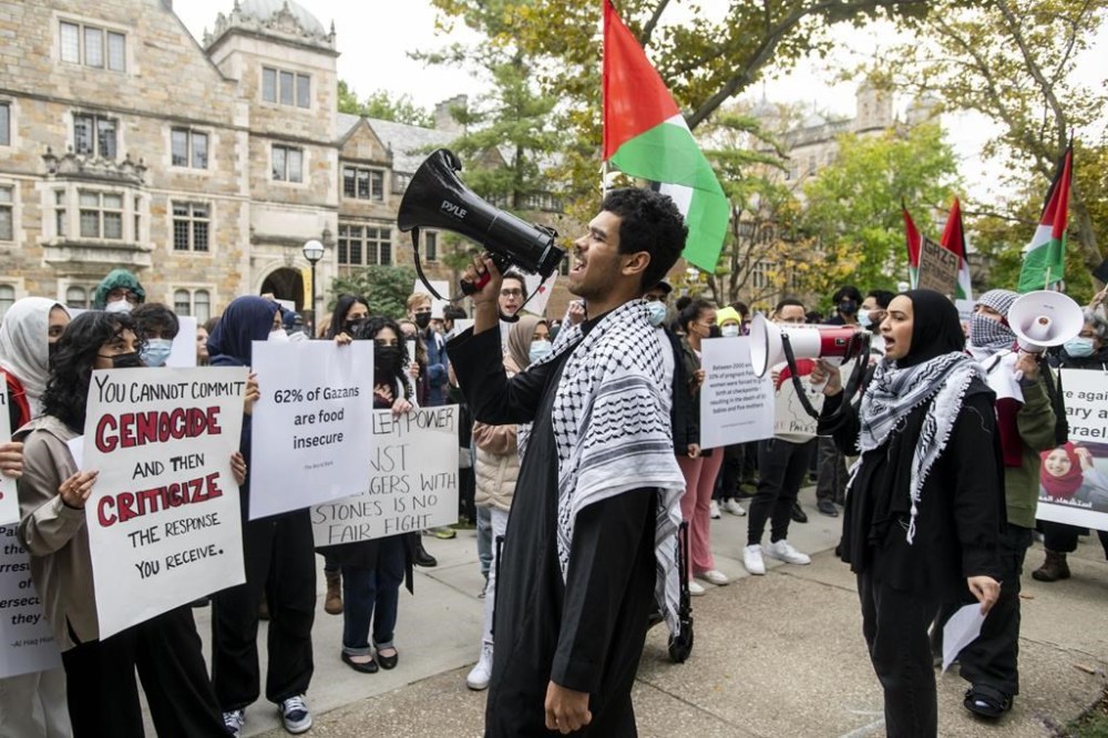 FILE - Pro-Palestinian demonstrators gather to protest University of Michigan President Santa Ono's