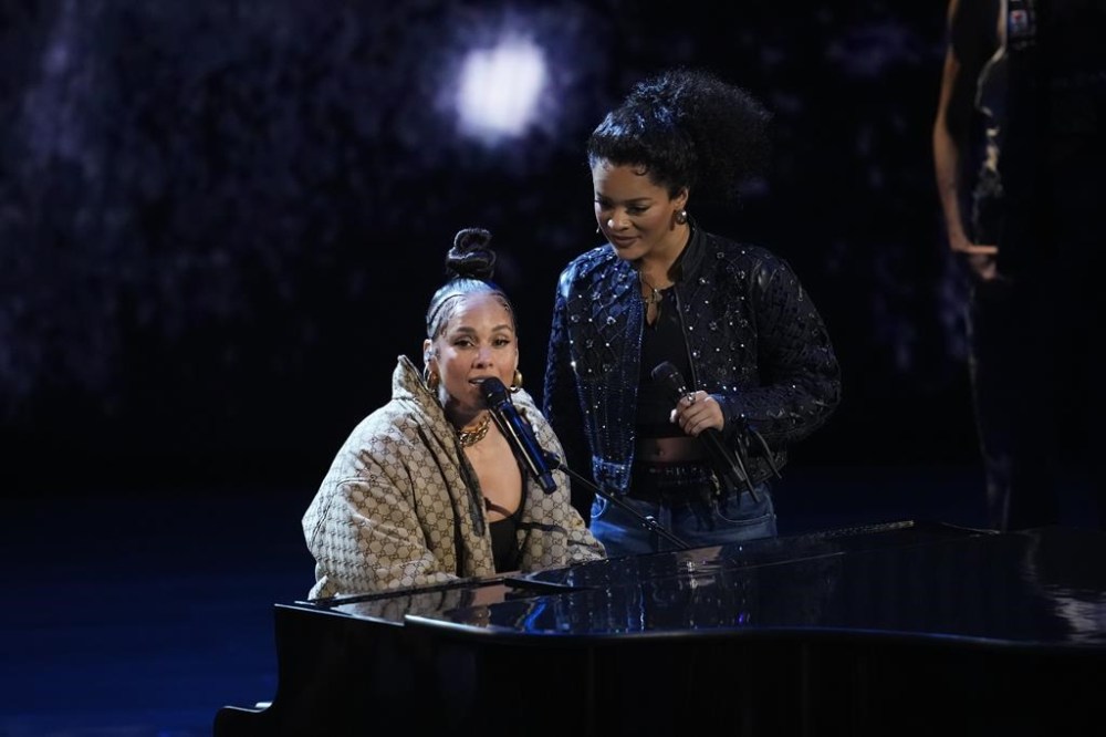 Alicia Keys, left, and 'Hell's Kitchen' cast member Maleah Joi Moon perform during the 77th Tony Awards on Sunday, June 16, 2024, in New York. (Photo by Charles Sykes/Invision/AP)