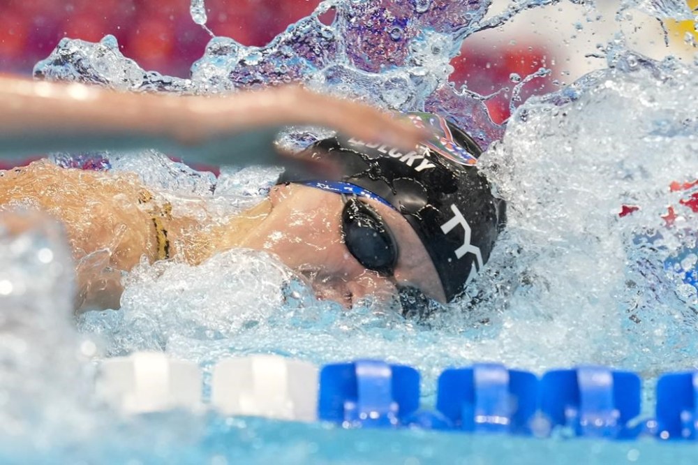 Katie Ledecky swims during the Women's 200 freestyle finals Monday, June 17, 2024, at the US Swimming Olympic Trials in Indianapolis. (AP Photo/Darron Cummings)