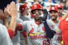 St. Louis Cardinals' Michael Siani (63) is congratulated by his teammates after hitting a home run during the fifth inning of a baseball game against the Miami Marlins, Monday, June 17, 2024, in Miami. (AP Photo/Marta Lavandier)