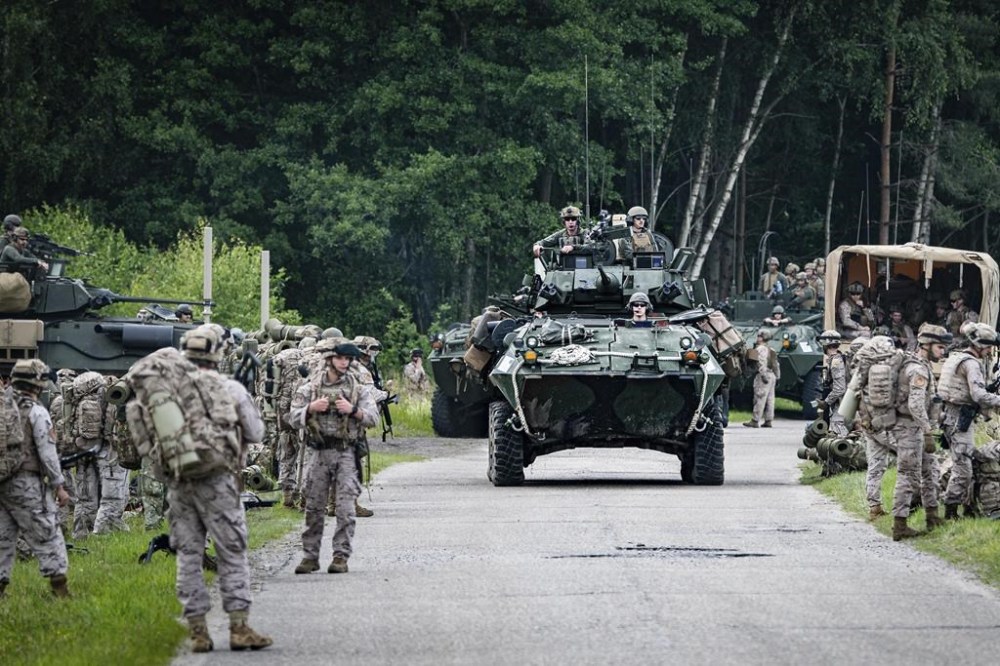 Military armored vehicles take part in the Baltops 2024 exercise in the Baltic Sea region, Sunday June 16, 2024. Some 9,000 troops from 20 NATO countries have been participating this month in military exercises in the Baltic Sea region, which has become strategically sensitive following Russia's invasion of Ukraine. (Mass Communication Specialist 1st Class Cameron C. Edy, U.S. Naval Forces Europe-Africa Public Affairs via AP)