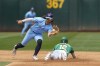 Oakland Athletics' Max Schuemann, right, steals second base next to Toronto Blue Jays shortstop Bo Bichette during the third inning of a baseball game Saturday, June 8, 2024, in Oakland, Calif. (AP Photo/Godofredo A. Vásquez)