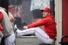 Los Angeles Angels center fielder Mike Trout sits in the dugout during the second inning of a baseball game against the Houston Astros, Friday, June 7, 2024, in Anaheim, Calif. (AP Photo/Ryan Sun)