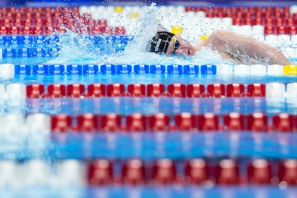 Luke Whitlock swims during a Men's 800 freestyle preliminary heat Monday, June 17, 2024, at the US Swimming Olympic Trials in Indianapolis. (AP Photo/Darron Cummings)