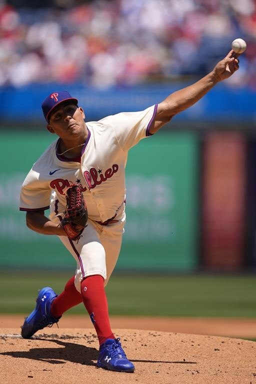Philadelphia Phillies' Ranger Suarez pitches during the first inning of a baseball game against the San Diego Padres, Wednesday, June 19, 2024, in Philadelphia. (AP Photo/Matt Slocum)