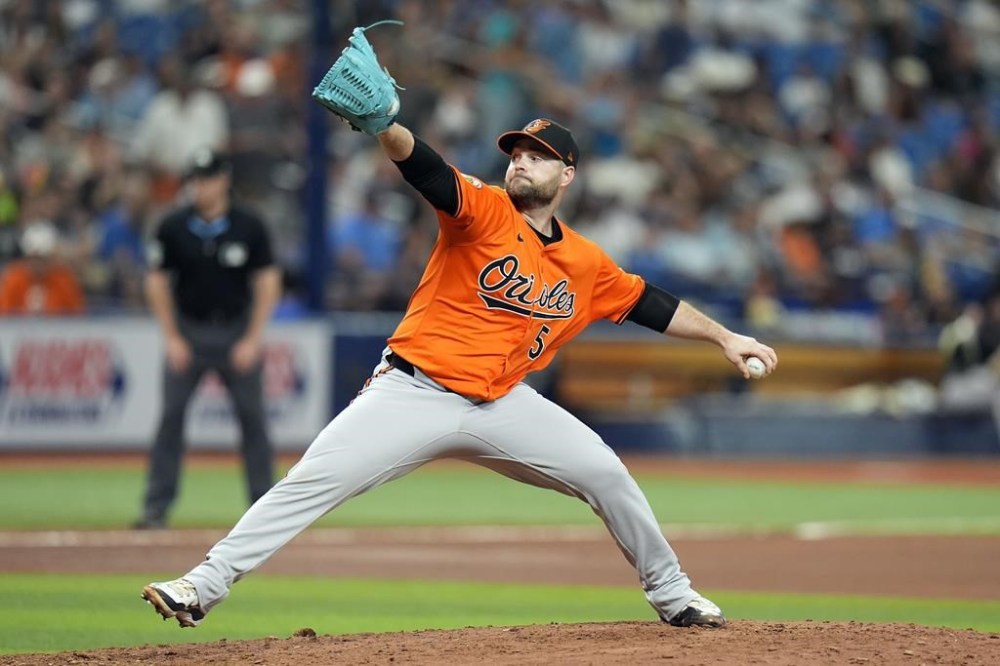 Baltimore Orioles relief pitcher Danny Coulombe delivers to the Tampa Bay Rays during the seventh inning of a baseball game Saturday, June 8, 2024, in St. Petersburg, Fla. (AP Photo/Chris O'Meara)