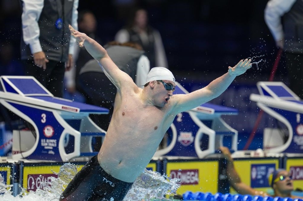 Matthew Fallon reacts after the Men's 200 breaststroke finals Wednesday, June 19, 2024, at the US Swimming Olympic Trials in Indianapolis. (AP Photo/Michael Conroy)