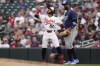Minnesota Twins' Austin Martin (82) gestures after hitting a single during the third inning of a baseball game against the Tampa Bay Rays, Wednesday, June 19, 2024, in Minneapolis. (AP Photo/Abbie Parr)