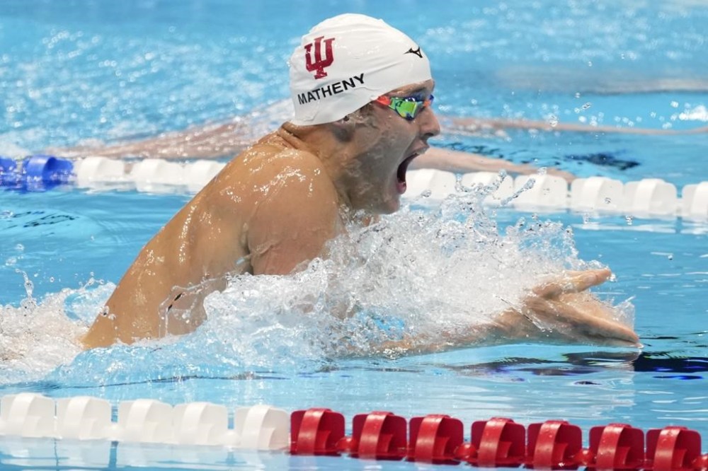 Josh Matheny swims during the Men's 200 breaststroke finals Wednesday, June 19, 2024, at the US Swimming Olympic Trials in Indianapolis. (AP Photo/Darron Cummings)