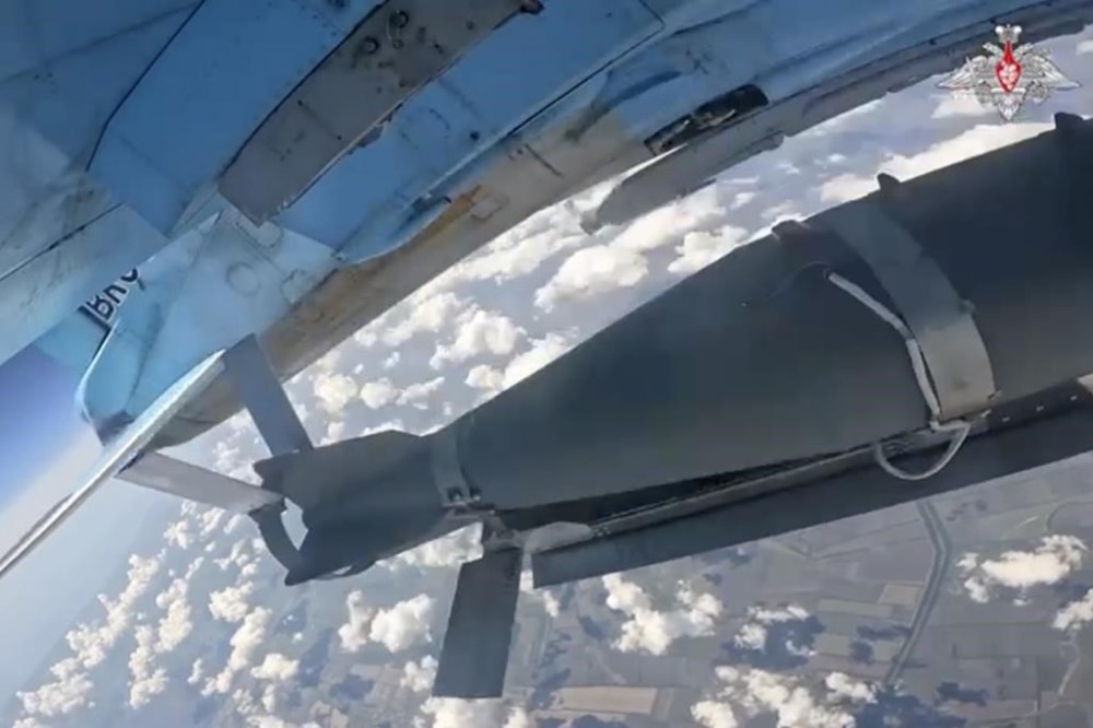 In this photo taken from an undated video released by the Russian Defense Ministry shows a glide-guided bomb being released by a Russian air force jet at an undisclosed location. (Russian Defense Ministry Press Service photo via AP)