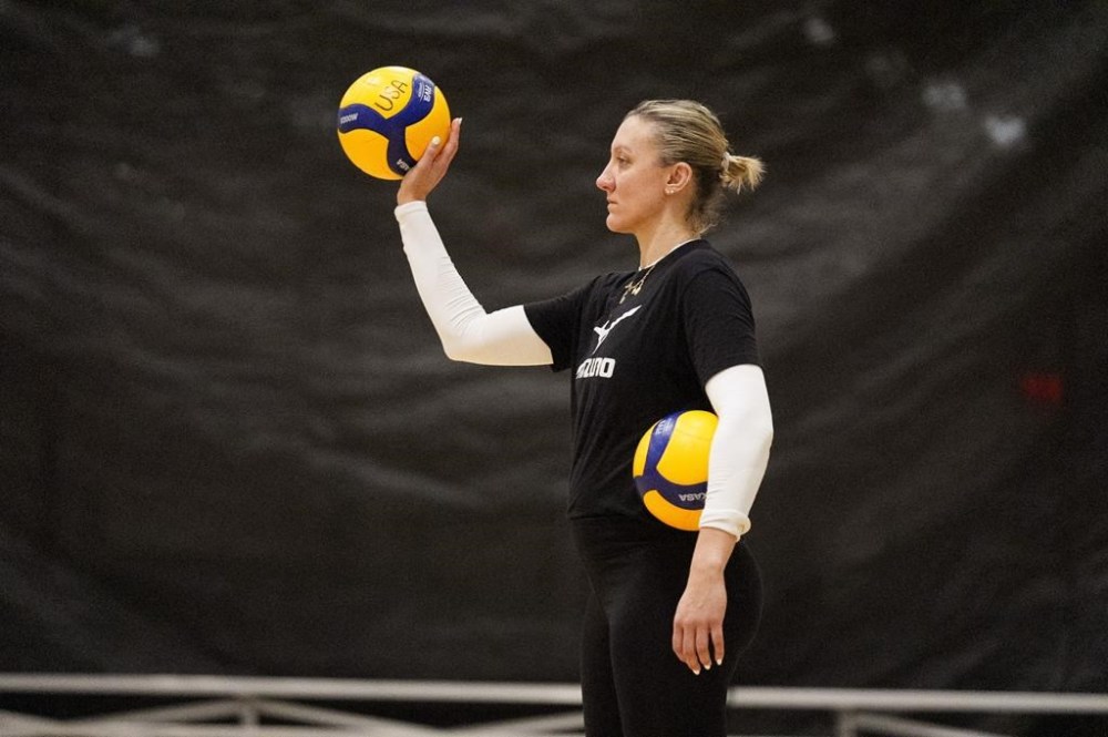 Four-time Olympian Jordan Larson joins the USA Volleyball Spring Training Camp at Open Gym Premier in Anaheim, Calif., on March 12, 2024. (AP Photo/Damian Dovarganes)