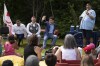 Prime Minister Justin Trudeau acknowledges the crowd while listening to Phillip Prosper, a Mi'kmaq storyteller, during an event for National Indigenous Peoples Day in We’koqma’q First Nation, N.S., on Friday, June 21, 2024. THE CANADIAN PRESS/Darren Calabrese
