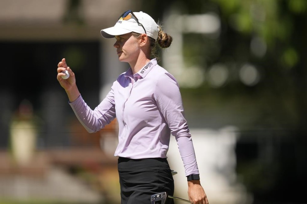 Sarah Schmelzel reacts after finishing the 14th hole during the second round of the Women's PGA Championship golf tournament at Sahalee Country Club, Friday, June 21, 2024, in Sammamish, Wash. (AP Photo/Lindsey Wasson)