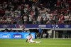 Peru's Gianluca Lapadula sits on the field at the end of a Copa America Group A soccer match against Chile in Arlington, Texas, Friday, June 21, 2024. (AP Photo/Tony Gutierrez)