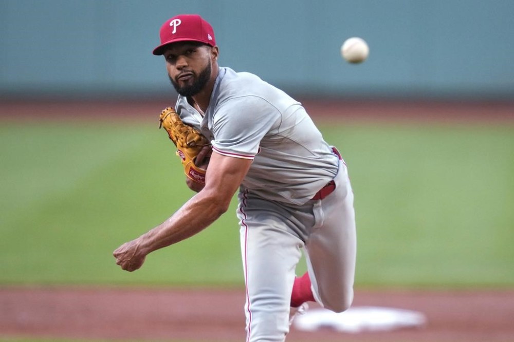 Philadelphia Phillies pitcher Cristopher Sánchez delivers during the first inning of the team's baseball game against the Boston Red Sox, Wednesday, June 12, 2024, in Boston. (AP Photo/Charles Krupa)