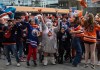 Oilers fans cheers as they watch the Edmonton Oilers score a goal against the Florida Panthers during a watch party for Game 5 of the NHL Stanley Cup final, in Edmonton on Tuesday, June 18, 2024.THE CANADIAN PRESS/Jason Franson