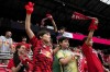 Fans react during an MLS soccer match between Toronto FC and the New York Red Bulls, Saturday, June 22, 2024, in Harrison, N.J. (AP Photo/Julia Nikhinson)