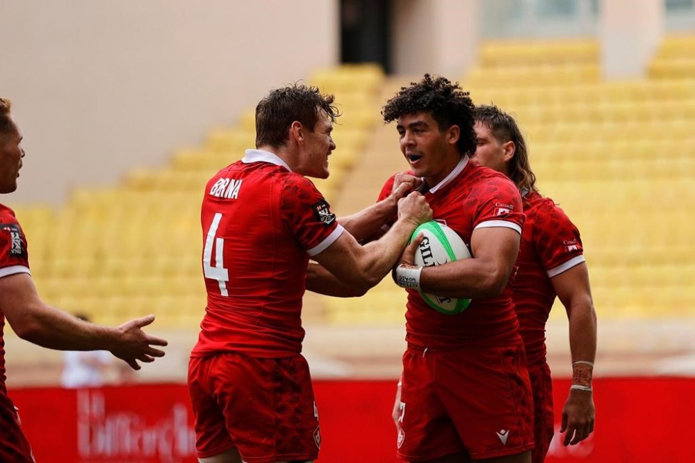 Canada captain Phil Berna, left, and teammate Noah Flesch celebrate Flesch's winning try in a 24-19 victory in extra time over Chile in quarterfinal play on Day 3 of the World Rugby Sevens Repechage in Monaco in a Sunday, June 23, 2024, handout photo. THE CANADIAN PRESS/HO-World Rugby, KLC fotos, Mike Lee, *MANDATORY CREDIT*