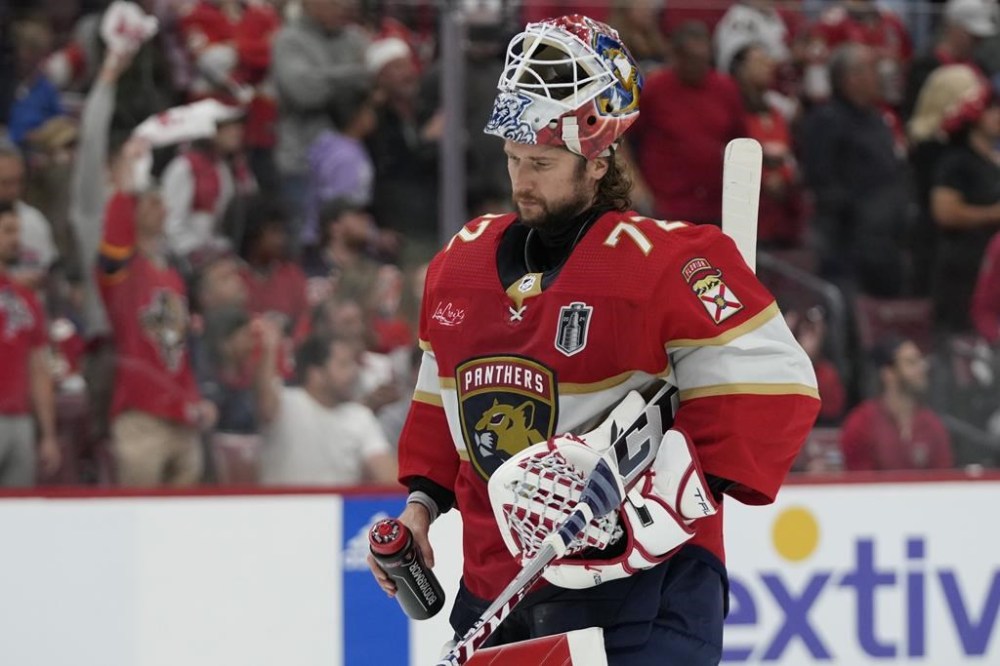 Florida Panthers goaltender Sergei Bobrovsky takes a break during the first period of Game 2 of the NHL hockey Stanley Cup Finals against the Edmonton Oilers, Monday, June 10, 2024, in Sunrise, Fla. (AP Photo/Wilfredo Lee)