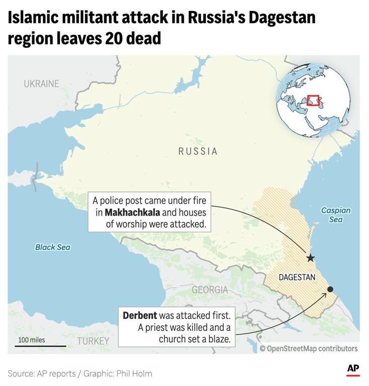 The map above locates a June 23 rampage by Islamic militants who authorities say killed 20 people, most of them police, and attacked houses of worship in apparently coordinated assaults in two cities. (AP Digital Embed)
