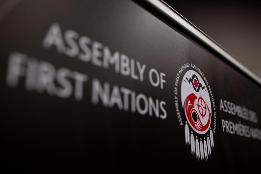 Three regional chiefs representing nearly half of the First Nations in Canada say the Assembly of First Nations is overstepping its mandate by making decisions that will directly impact First Nations children and families without consent. AFN signage is seen during the second day of the Special Chiefs Assembly (SCA) in Ottawa, on Wednesday, Dec. 6, 2023. THE CANADIAN PRESS/Spencer Colby