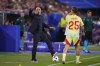 Spain's head coach Luis de la Fuente gestures during a Group B match between Albania and Spain at the Euro 2024 soccer tournament in Dusseldorf, Germany, Monday, June 24, 2024. (AP Photo/Manu Fernandez)